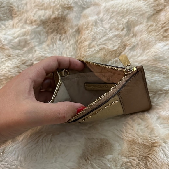 Michael Kors Women's Center Stripe MK TZ Coin Pouch Wallet DK Khaki Gold Leather - Picture 7 of 9